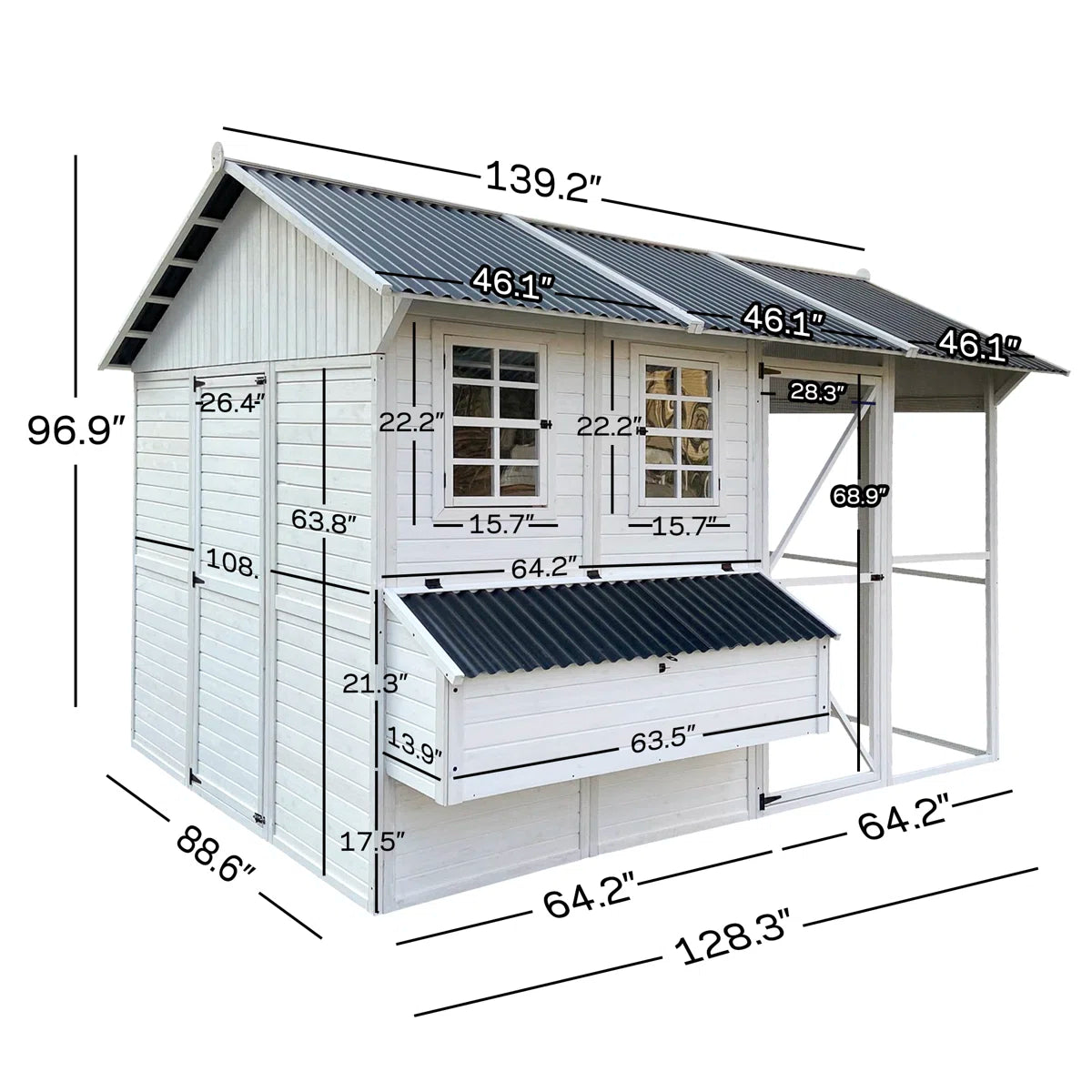 105.22 Square Feet Chicken Coop with Chicken Run For Up To 26 Chickens