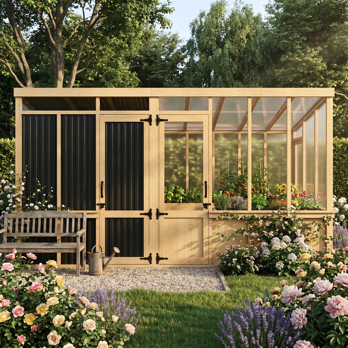 2-Room Outdoor Cedar Greenhouse And Tool Shed Combo With Polycarbonate Panels, Shelves, Ventilation Window And Double Doors