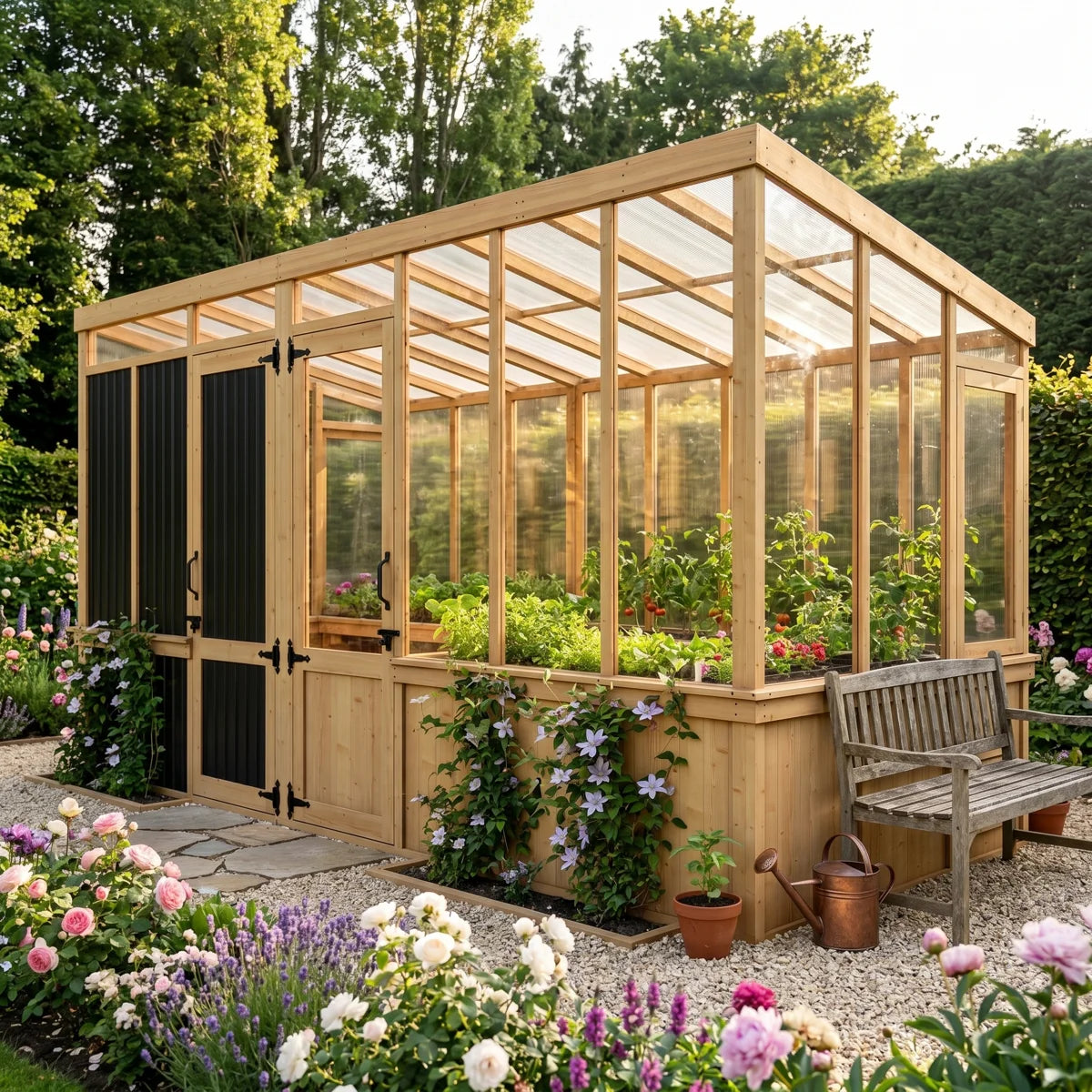 2-Room Outdoor Cedar Greenhouse And Tool Shed Combo With Polycarbonate Panels, Shelves, Ventilation Window And Double Doors