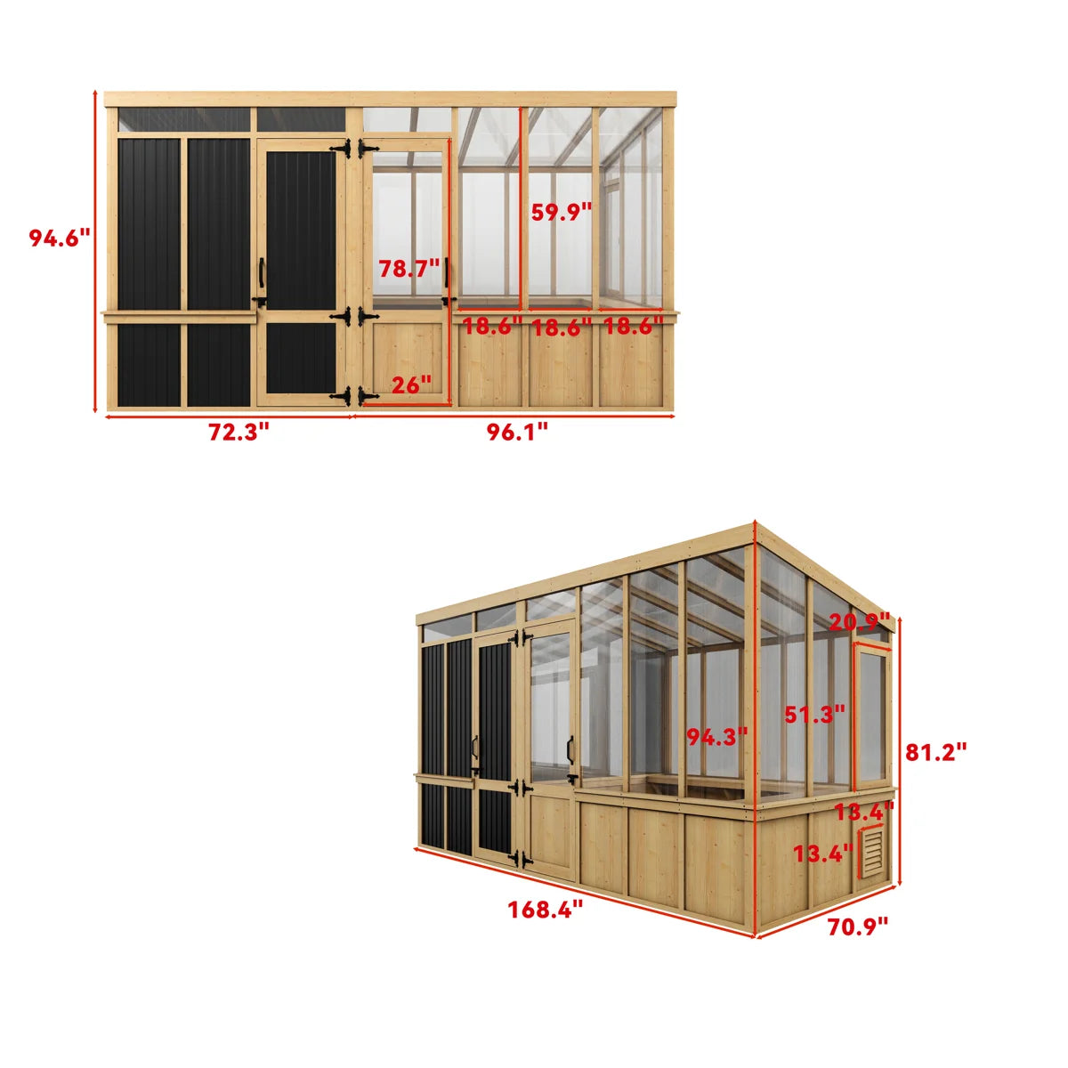 2-Room Outdoor Cedar Greenhouse And Tool Shed Combo With Polycarbonate Panels, Shelves, Ventilation Window And Double Doors