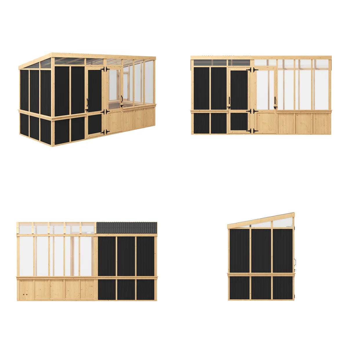 2-Room Outdoor Cedar Greenhouse And Tool Shed Combo With Polycarbonate Panels, Shelves, Ventilation Window And Double Doors