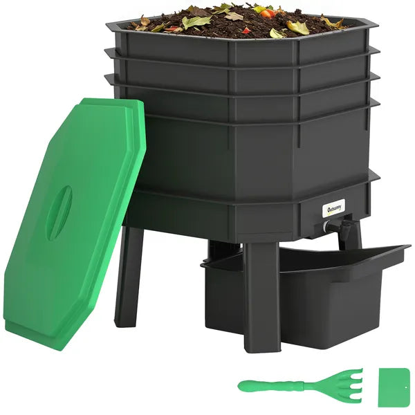 4-Tray Worm Composter Bin, 7.4 Gal Outdoor & Indoor Worm Compost Bin for Recycling Food Waste, Dark Green