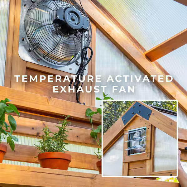 Bellerose XL 13 ft. x 11 ft. Cedar Wood Walk-In Greenhouse Kit Pergola and Temperature-Activated Fan for Outdoor Garden