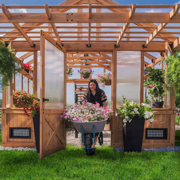 Bellerose XL 13 ft. x 11 ft. Cedar Wood Walk-In Greenhouse Kit Pergola and Temperature-Activated Fan for Outdoor Garden