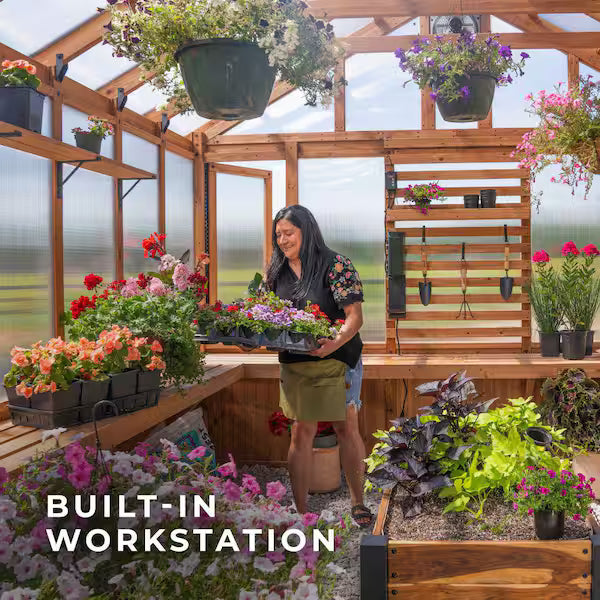 Bellerose XL 13 ft. x 11 ft. Cedar Wood Walk-In Greenhouse Kit Pergola and Temperature-Activated Fan for Outdoor Garden