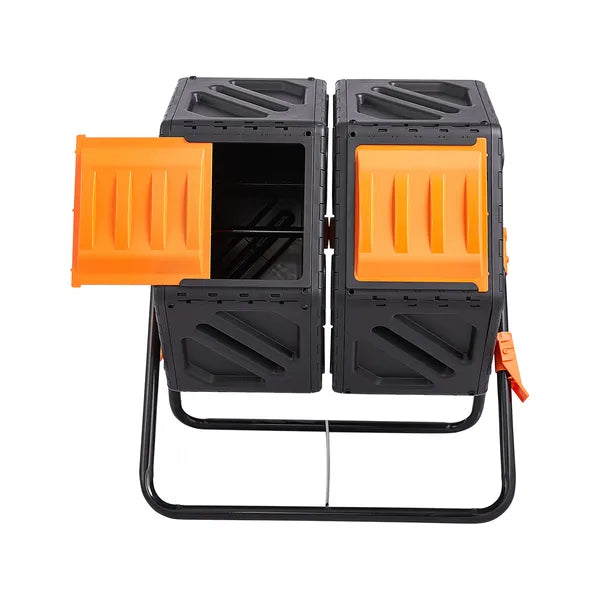 Compost Bin, 37-Gal Dual Chamber Composting Tumbler, High Volume Two Rotating Chambers with 2 Sliding Door and Steel Frame, BPA Free Composter Bin Tumbler