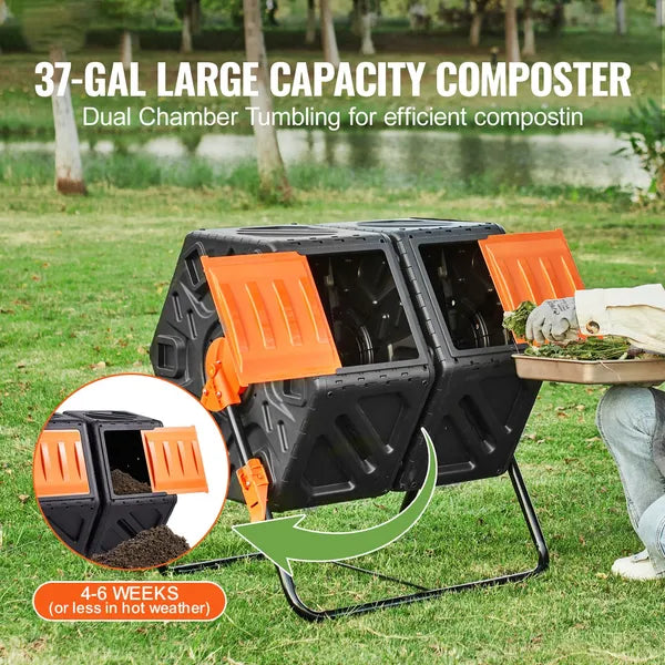 Compost Bin, 37-Gal Dual Chamber Composting Tumbler, High Volume Two Rotating Chambers with 2 Sliding Door and Steel Frame, BPA Free Composter Bin Tumbler