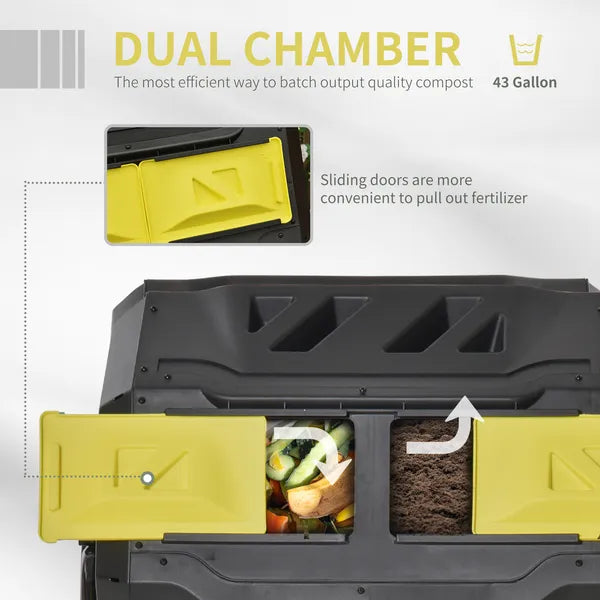 Compost Tumbler Bin Outdoor 360°Dual Chamber Rotating Composter 43 Gallon Yellow Black for Patio Garden Waste