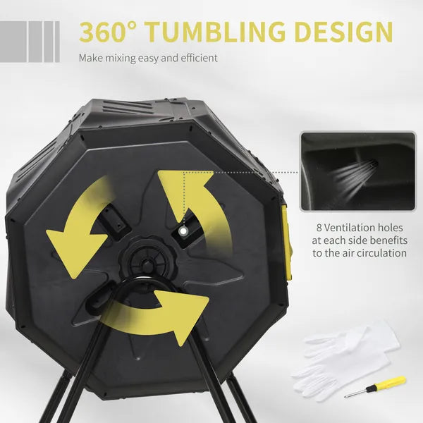 Compost Tumbler Bin Outdoor 360°Dual Chamber Rotating Composter 43 Gallon Yellow Black for Patio Garden Waste