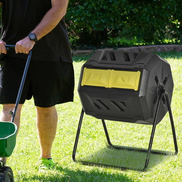 Compost Tumbler Bin Outdoor 360°Dual Chamber Rotating Composter 43 Gallon Yellow Black for Patio Garden Waste
