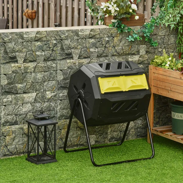 Compost Tumbler Bin Outdoor 360°Dual Chamber Rotating Composter 43 Gallon Yellow Black for Patio Garden Waste