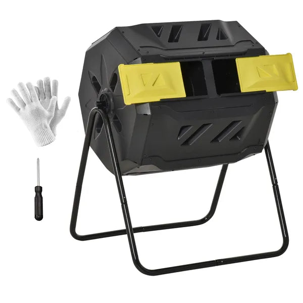 Compost Tumbler Bin Outdoor 360°Dual Chamber Rotating Composter 43 Gallon Yellow Black for Patio Garden Waste