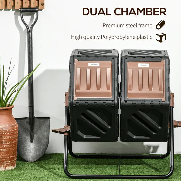 Dual Chamber Compost Tumbler Bin, Outdoor Tumbling Compost Bin with 24 Ventilation Openings and Steel Legs, 34.5 Gallon