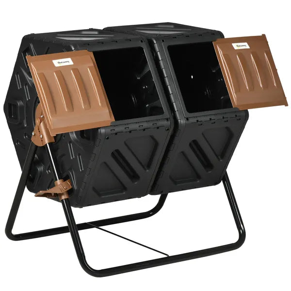 Dual Chamber Compost Tumbler Bin, Outdoor Tumbling Compost Bin with 24 Ventilation Openings and Steel Legs, 34.5 Gallon