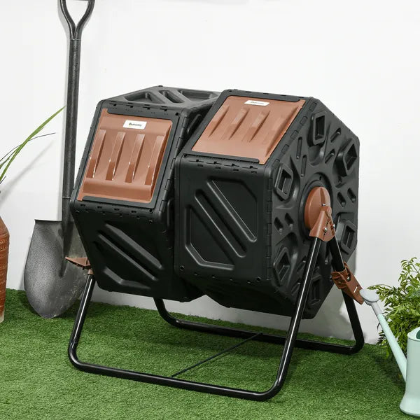 Dual Chamber Compost Tumbler Bin, Outdoor Tumbling Compost Bin with 24 Ventilation Openings and Steel Legs, 34.5 Gallon