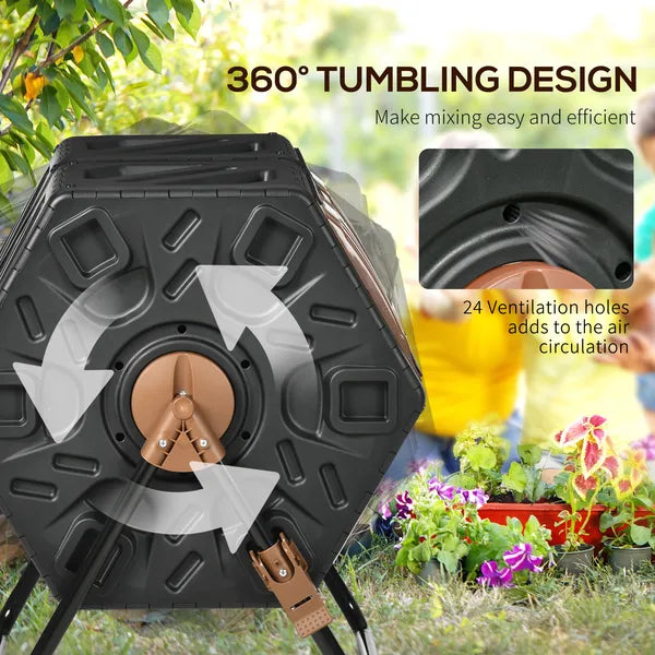 Dual Chamber Compost Tumbler Bin, Outdoor Tumbling Compost Bin with 24 Ventilation Openings and Steel Legs, 34.5 Gallon