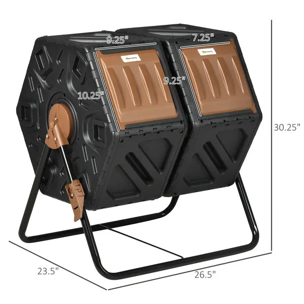 Dual Chamber Compost Tumbler Bin, Outdoor Tumbling Compost Bin with 24 Ventilation Openings and Steel Legs, 34.5 Gallon