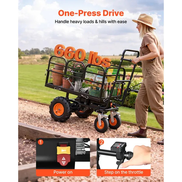 Electric Utility Cart, 36V 432Wh Battery Powered Electric Wagon, 500W Power Wheelbarrow with Brake, 660 lbs Load Heavy Duty Steel Garden Cart for Farm and Yard All Purpose Modular Cargo Bed