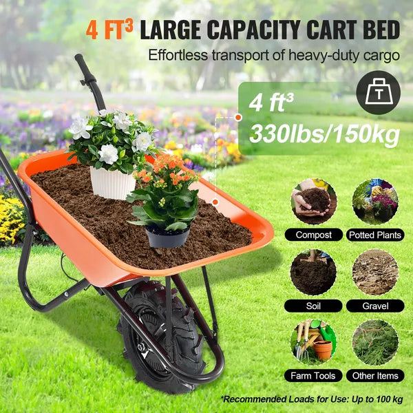 Electric Wheelbarrow Cart, 500W Powered Utility Garden Wagon Dump Cart, 5 Cu. Ft. Load & 330 lbs Capacity with Metal Handle & 16" Track Wheels