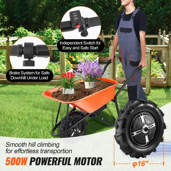 Electric Wheelbarrow Cart, 500W Powered Utility Garden Wagon Dump Cart, 5 Cu. Ft. Load & 330 lbs Capacity with Metal Handle & 16" Track Wheels